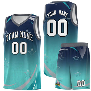 Custom Navy Aqua Gradient Star Graffiti Pattern Sports Uniform Basketball Jersey