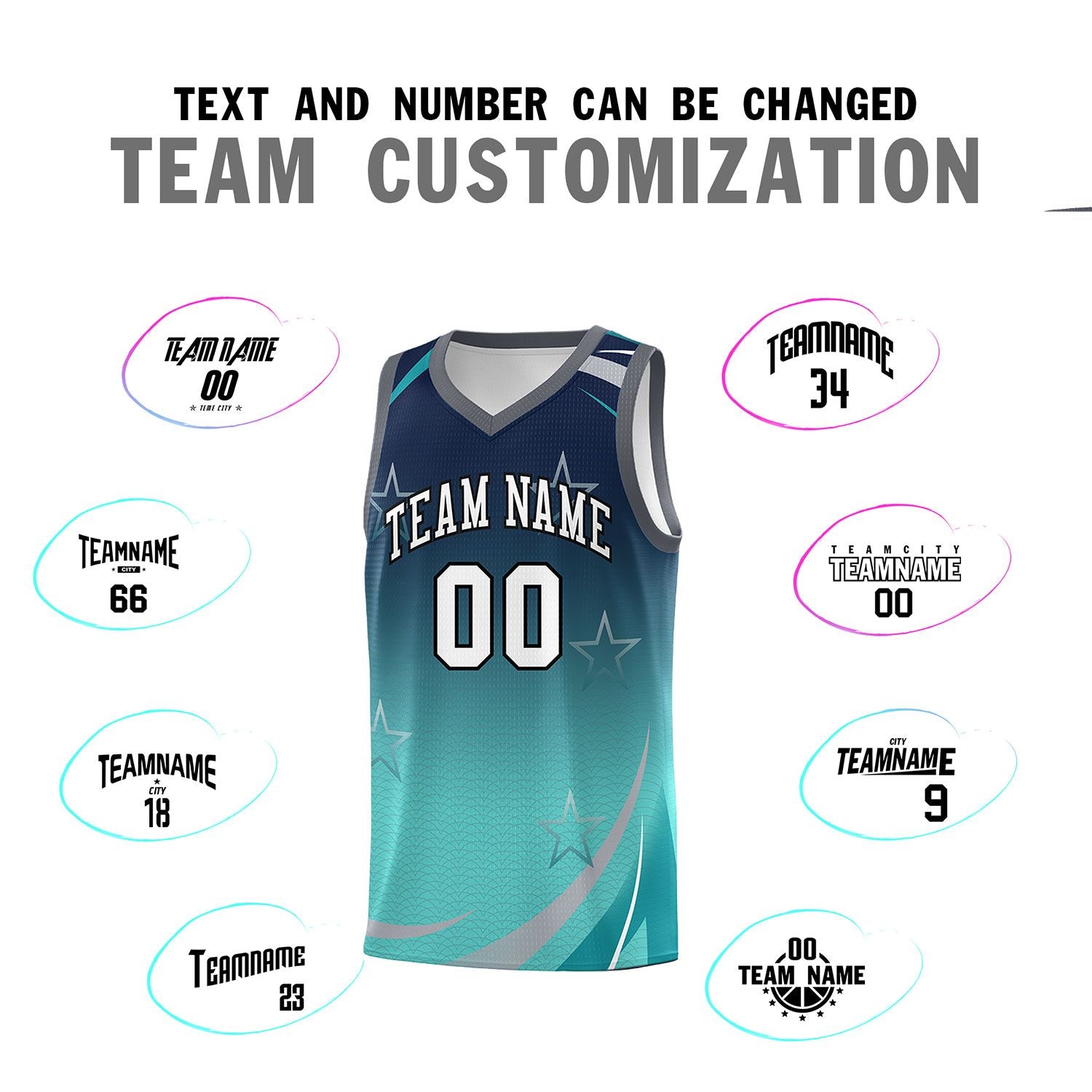 Custom Navy Aqua Gradient Star Graffiti Pattern Sports Uniform Basketball Jersey