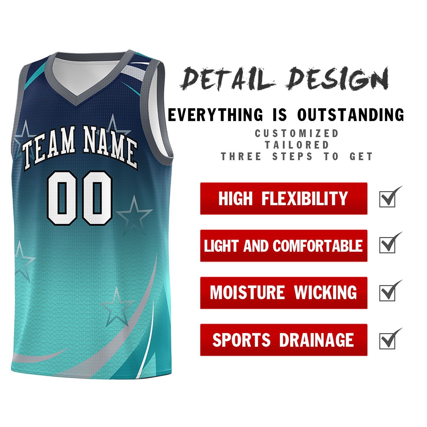 Custom Navy Aqua Gradient Star Graffiti Pattern Sports Uniform Basketball Jersey