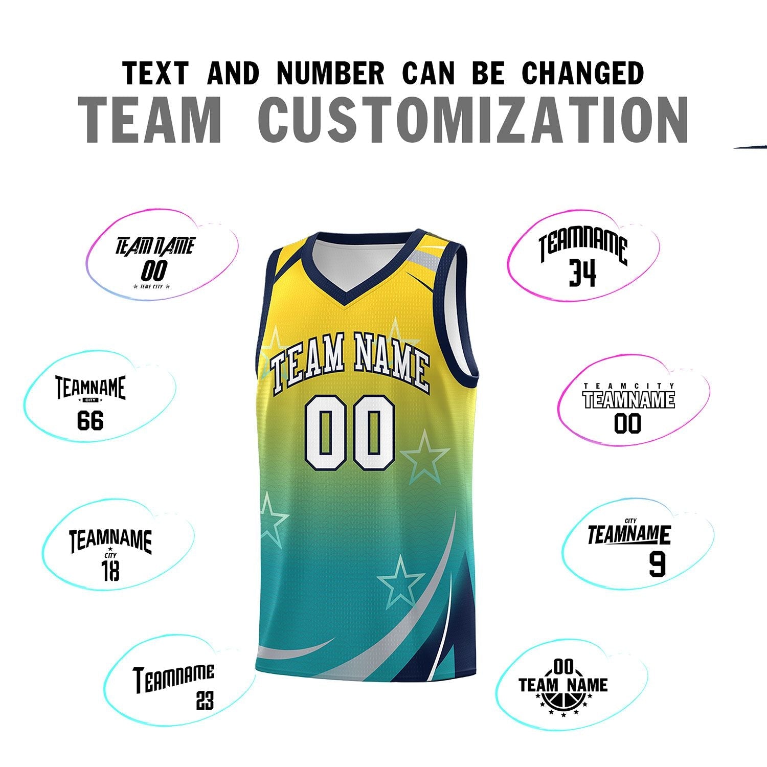 Custom Gold Aqua Gradient Star Graffiti Pattern Sports Uniform Basketball Jersey