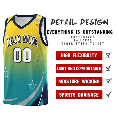Custom Gold Aqua Gradient Star Graffiti Pattern Sports Uniform Basketball Jersey