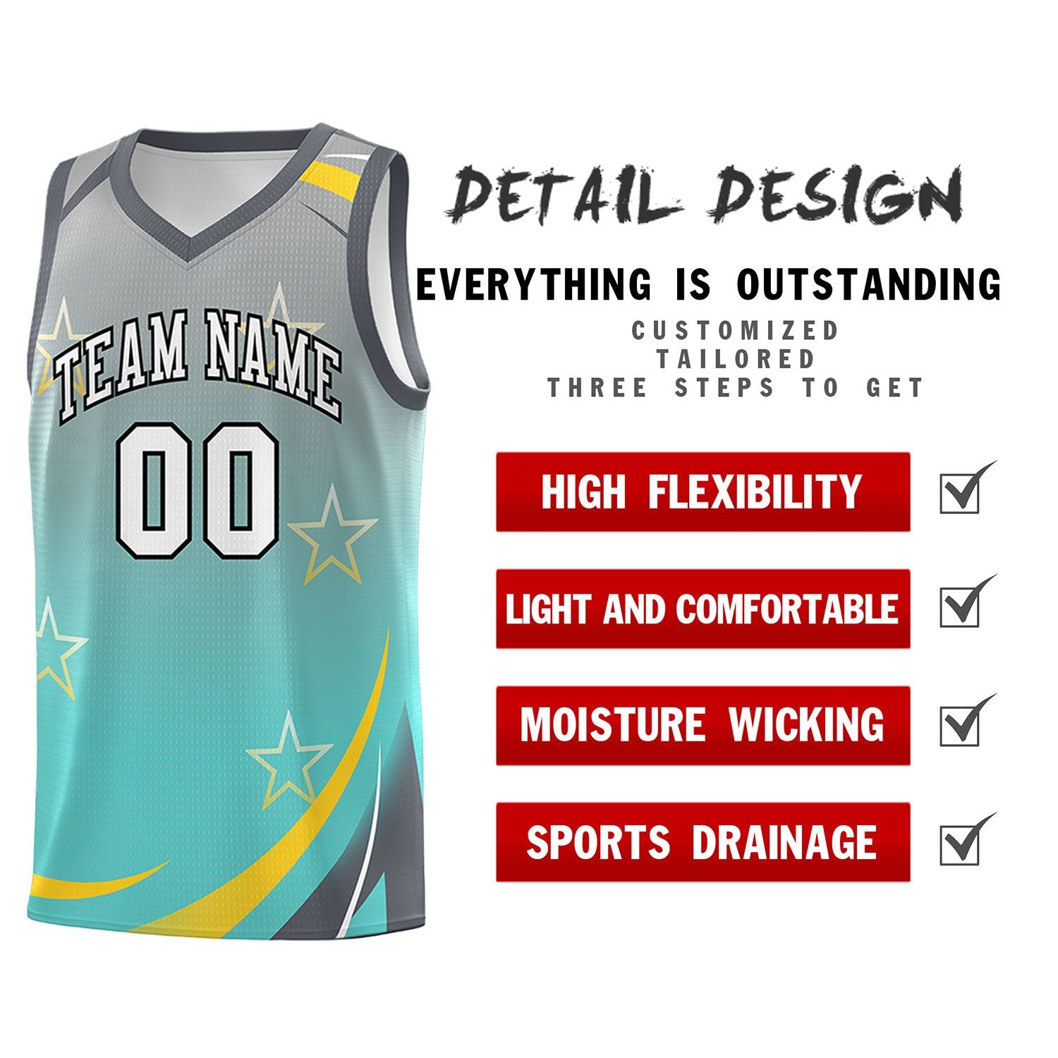 Custom Light Gray Aqua Gradient Star Graffiti Pattern Sports Uniform Basketball Jersey