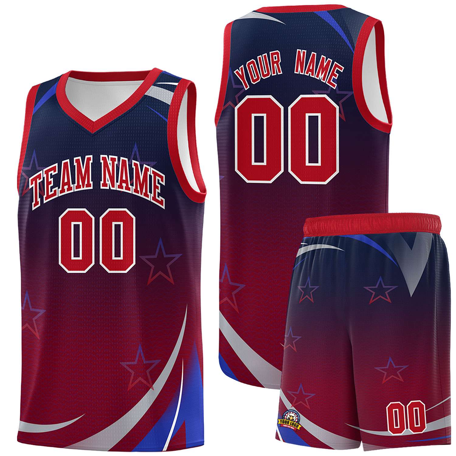 Custom Navy Crimson Gradient Star Graffiti Pattern Sports Uniform Basketball Jersey