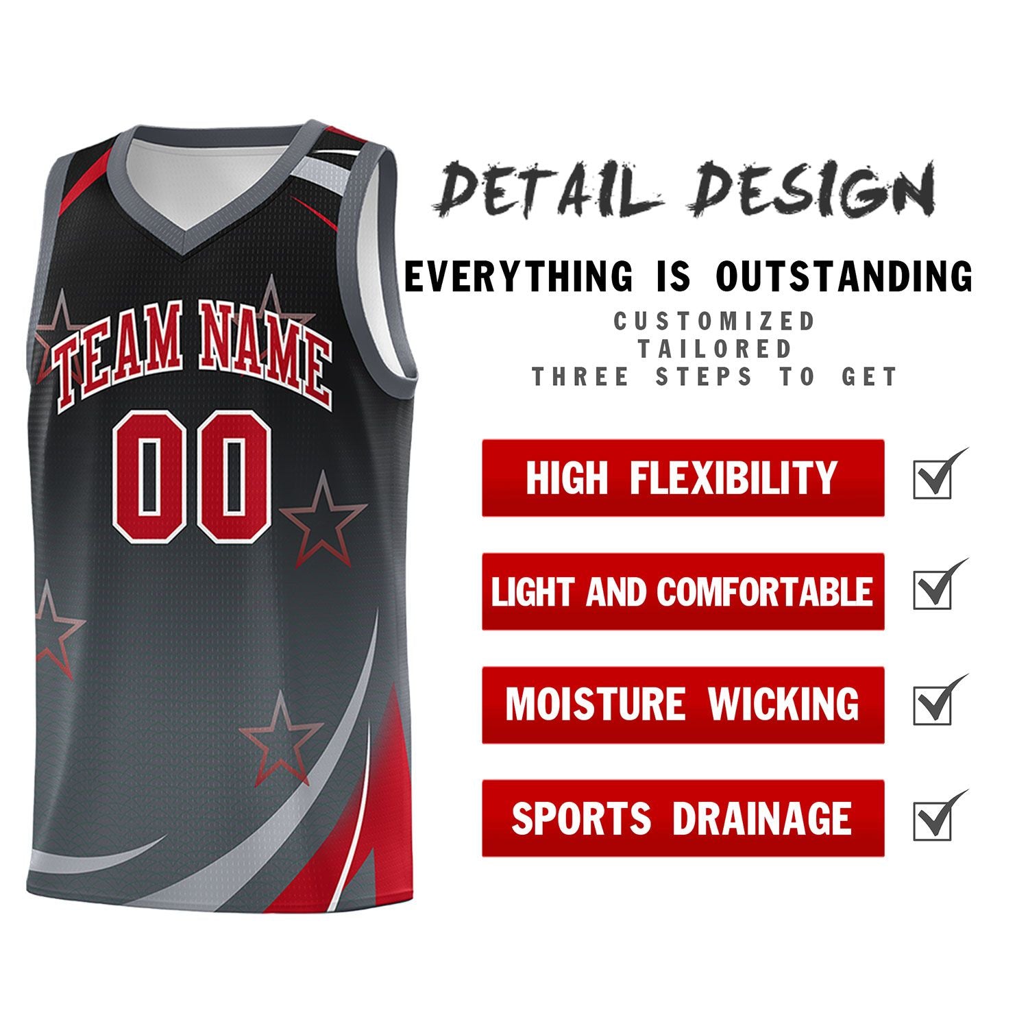 Custom Black Dark Gray Gradient Star Graffiti Pattern Sports Uniform Basketball Jersey