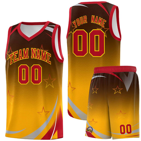 Custom Brown Yellow Gradient Star Graffiti Pattern Sports Uniform Basketball Jersey