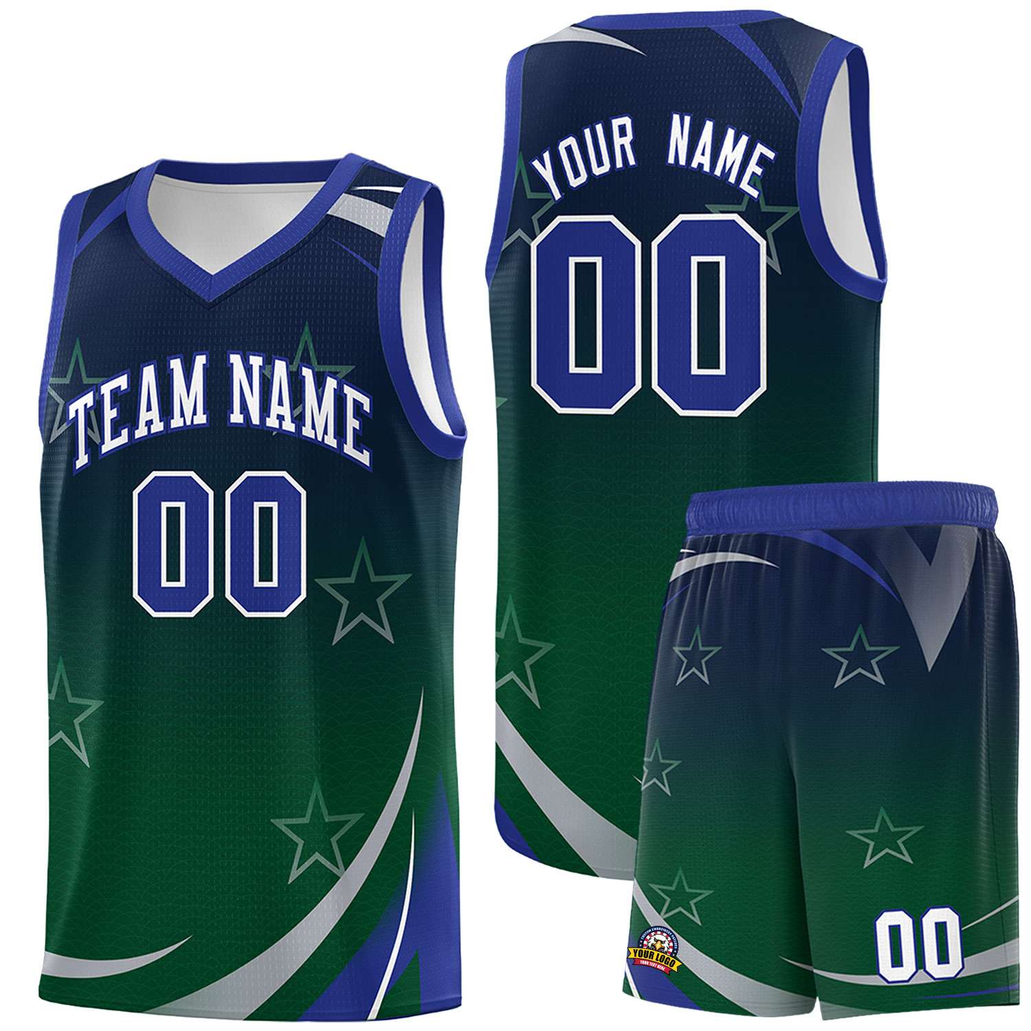 Custom Navy Green Gradient Star Graffiti Pattern Sports Uniform Basketball Jersey