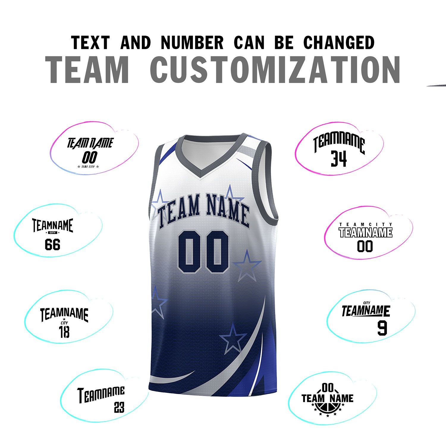 Custom White Navy Gradient Star Graffiti Pattern Sports Uniform Basketball Jersey