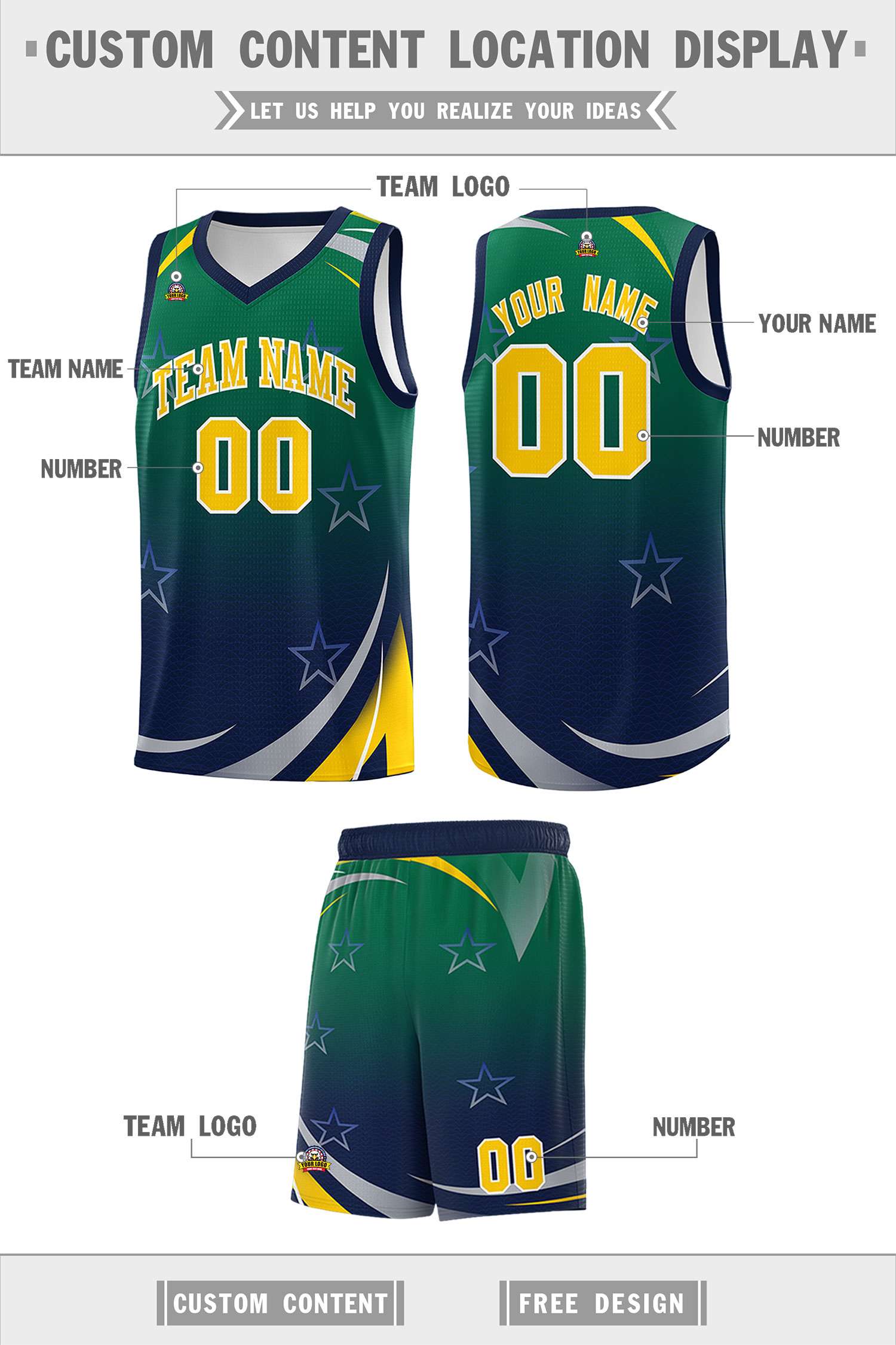 Custom Kelly Green Navy Gradient Star Graffiti Pattern Sports Uniform Basketball Jersey