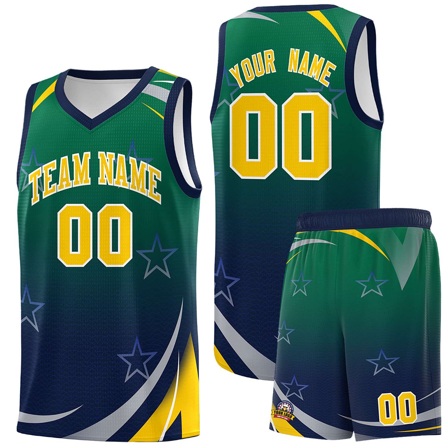 Custom Kelly Green Navy Gradient Star Graffiti Pattern Sports Uniform Basketball Jersey