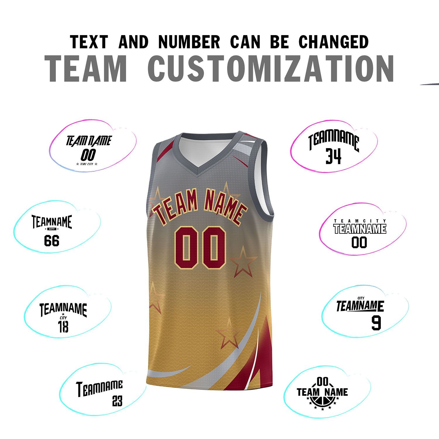 Custom Gray Old Gold Gradient Star Graffiti Pattern Sports Uniform Basketball Jersey