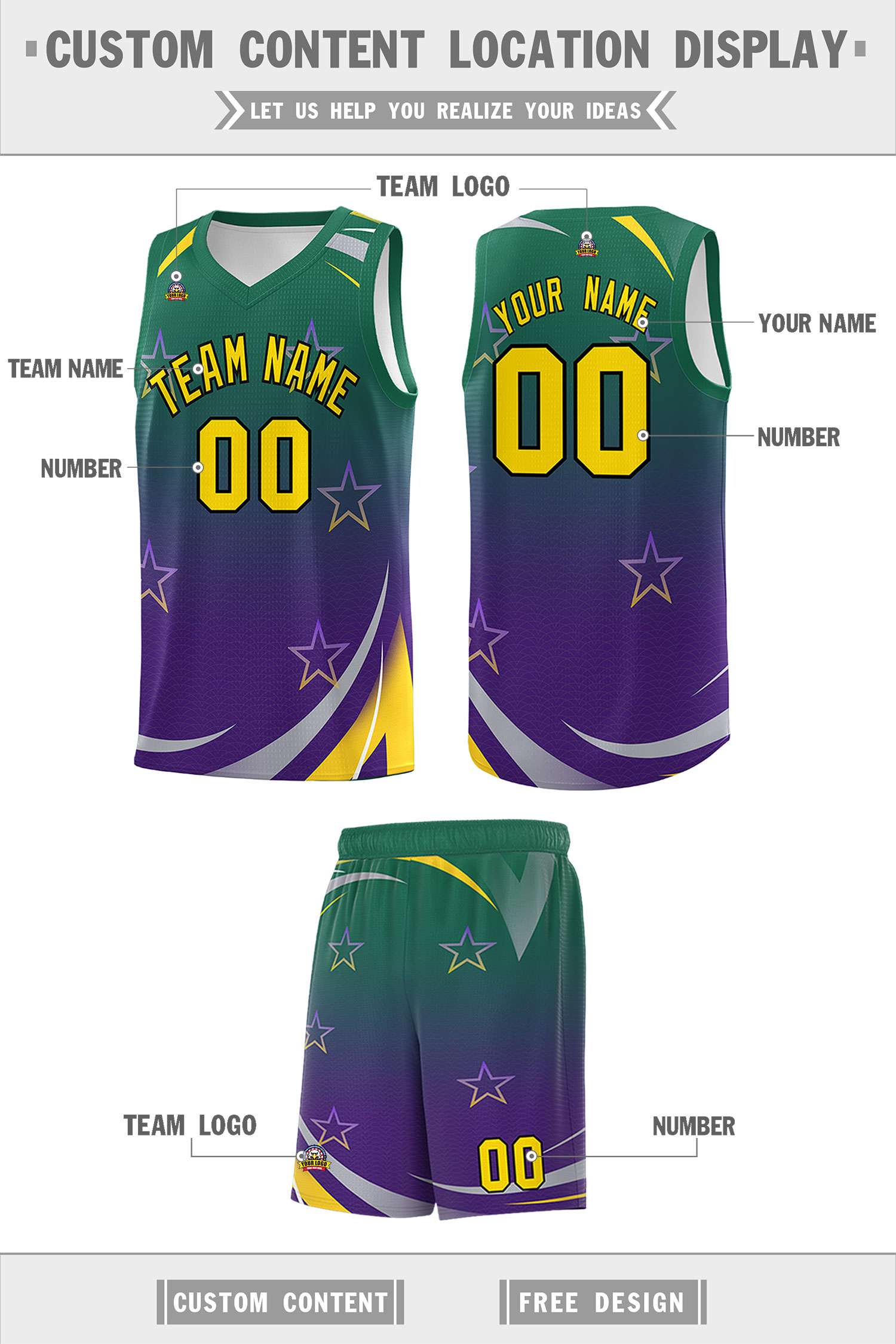 Custom Kelly Green Purple Gradient Star Graffiti Pattern Sports Uniform Basketball Jersey