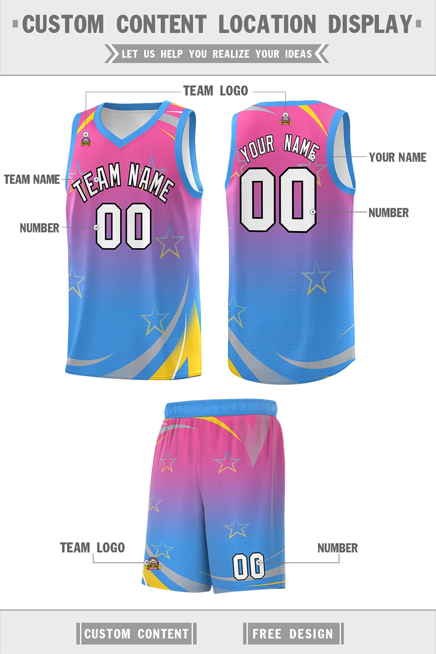 Custom Pink Powder Blue Gradient Star Graffiti Pattern Sports Uniform Basketball Jersey