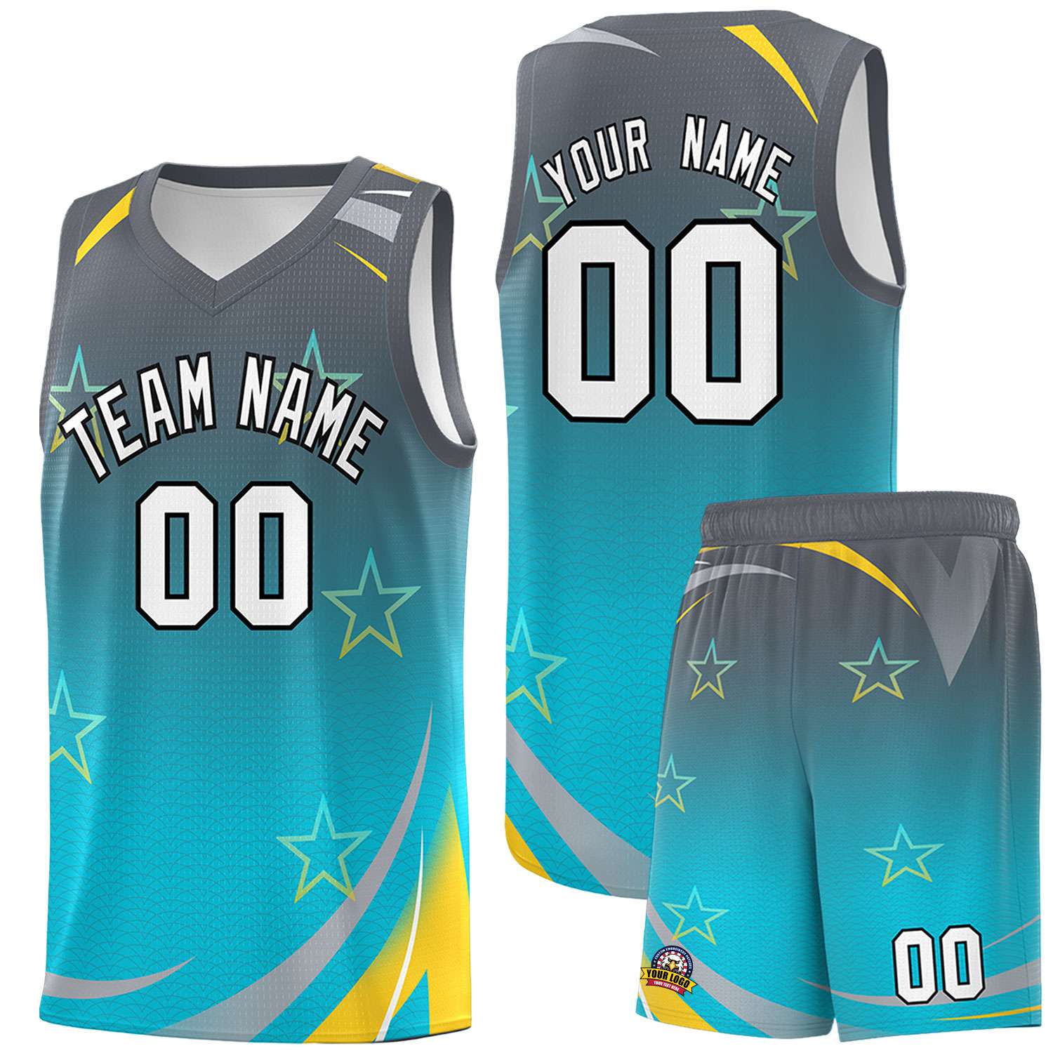 Custom Gray Sky Blue Gradient Star Graffiti Pattern Sports Uniform Basketball Jersey