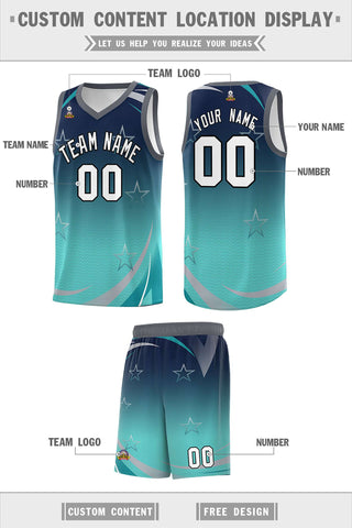 Custom Navy Aqua Gradient Star Graffiti Pattern Sports Uniform Basketball Jersey
