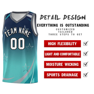 Custom Navy Aqua Gradient Star Graffiti Pattern Sports Uniform Basketball Jersey