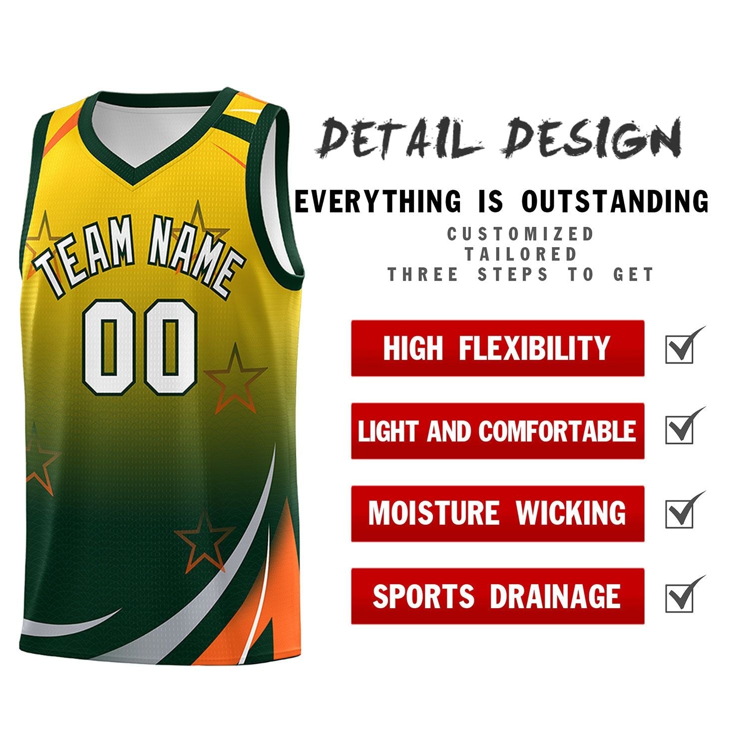 Custom Gold Green Gradient Star Graffiti Pattern Sports Uniform Basketball Jersey