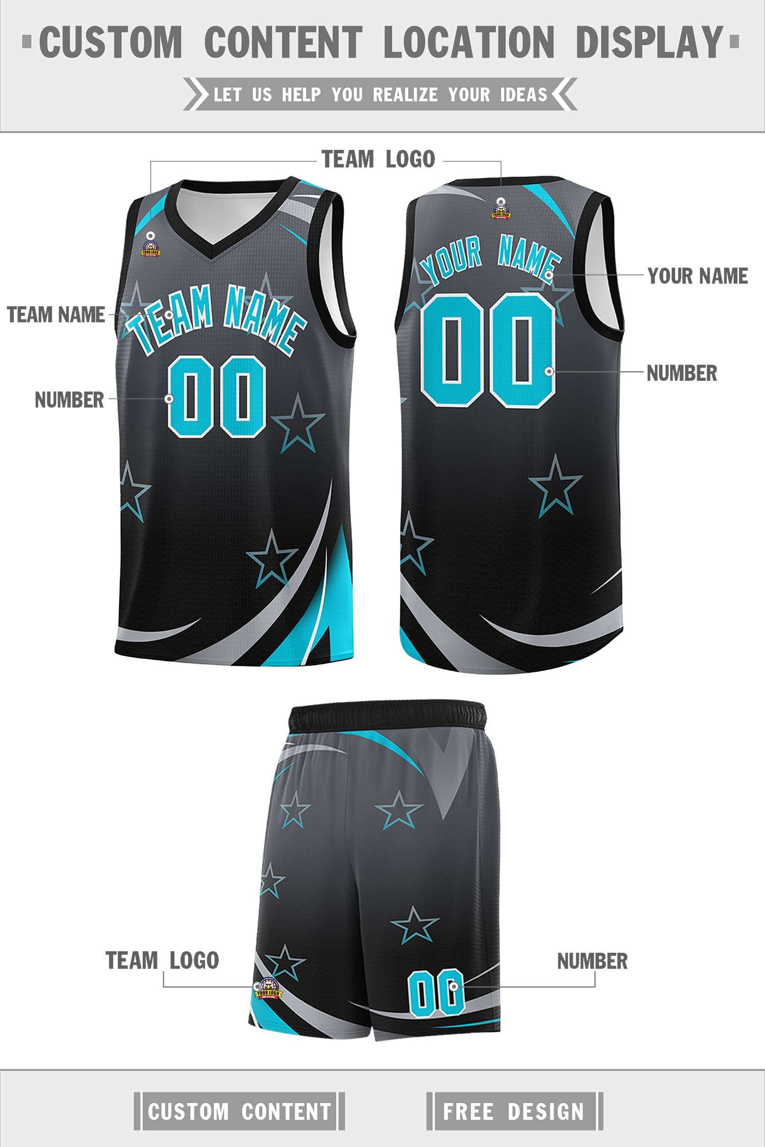 Custom Dark Gray Black Gradient Star Graffiti Pattern Sports Uniform Basketball Jersey