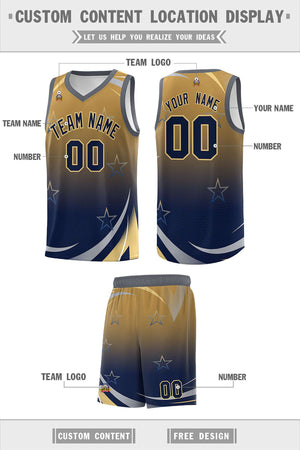 Custom Old Gold Navy Gradient Star Graffiti Pattern Sports Uniform Basketball Jersey