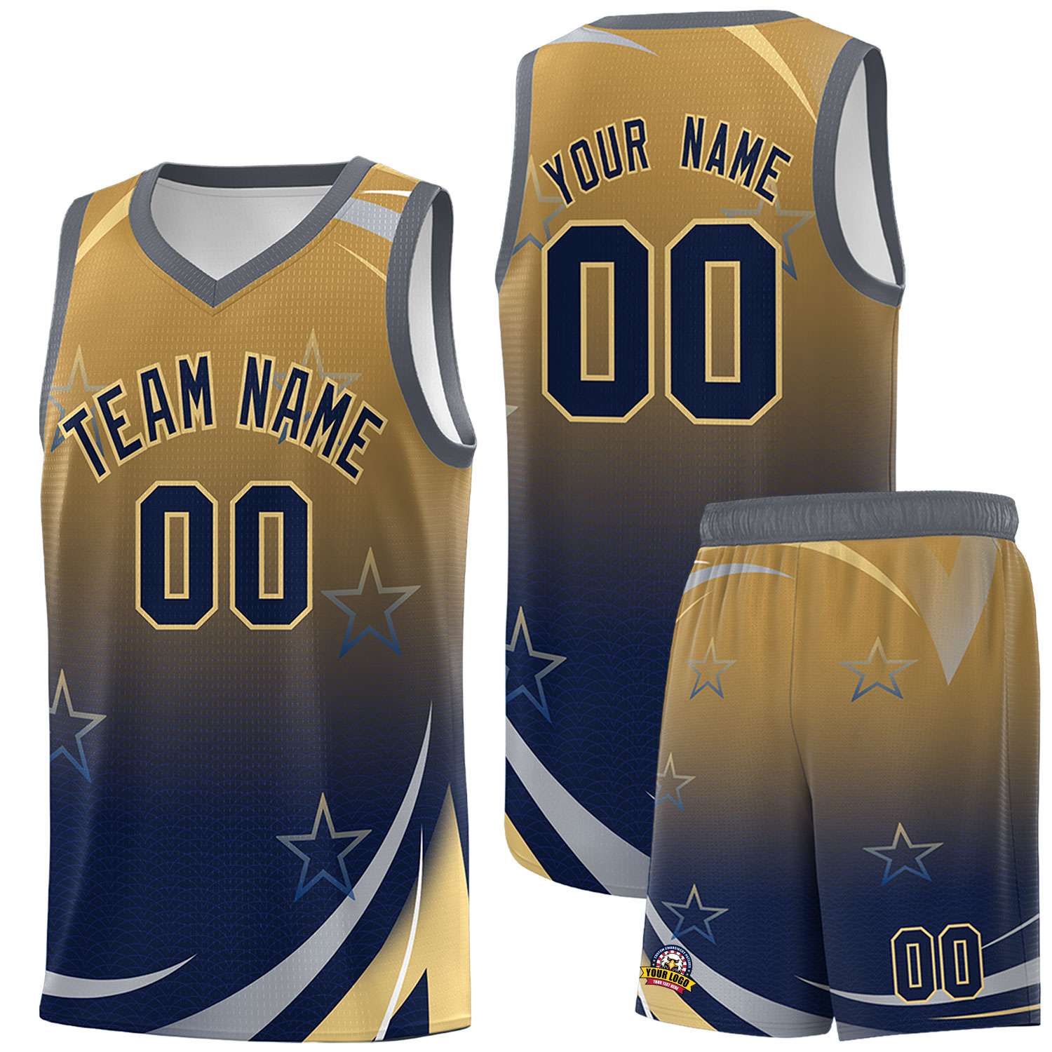 Custom Old Gold Navy Gradient Star Graffiti Pattern Sports Uniform Basketball Jersey