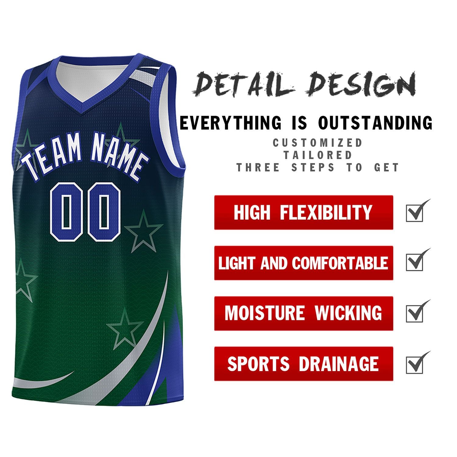 Custom Navy Green Gradient Star Graffiti Pattern Sports Uniform Basketball Jersey