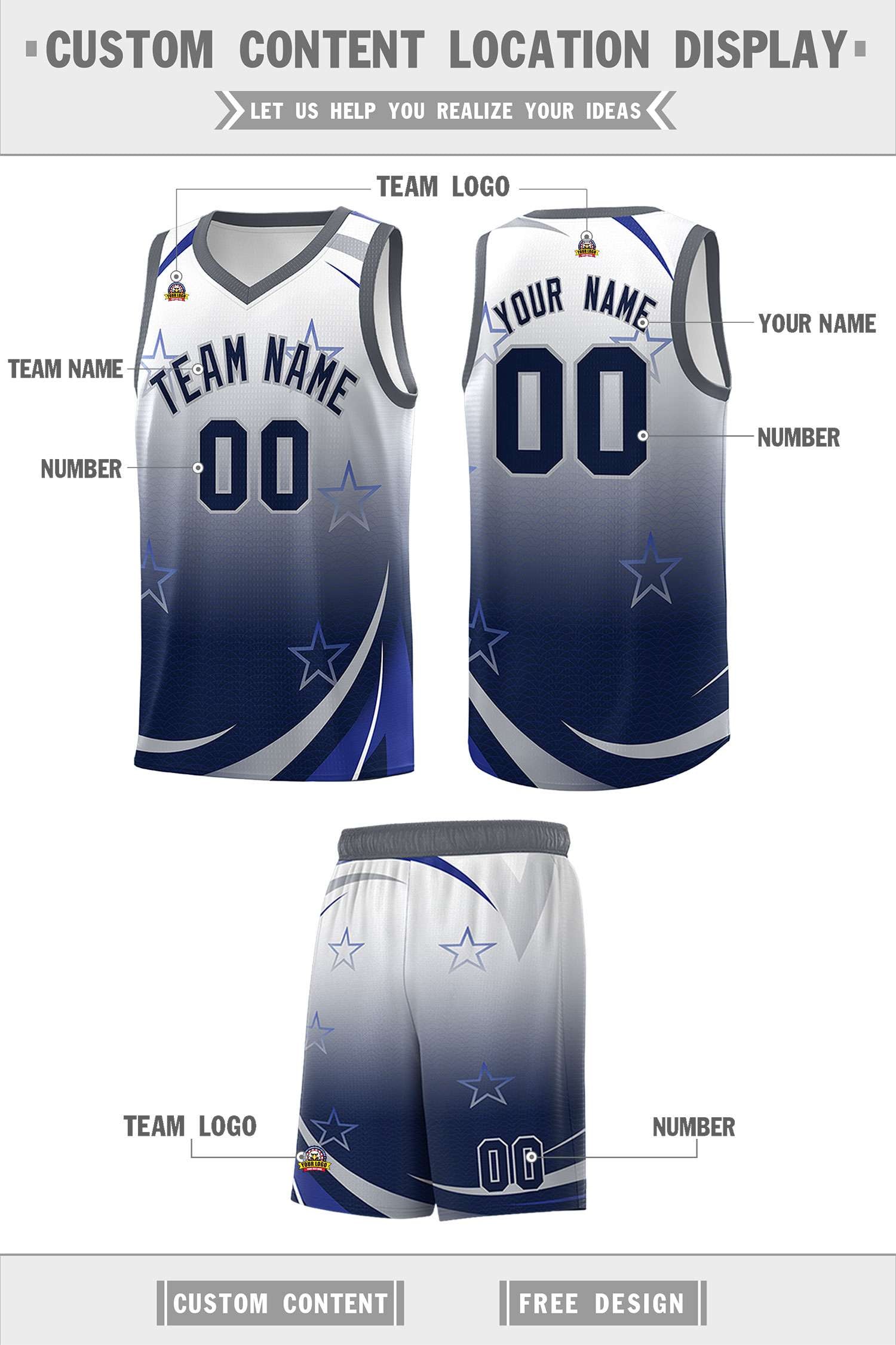 Custom White Navy Gradient Star Graffiti Pattern Sports Uniform Basketball Jersey