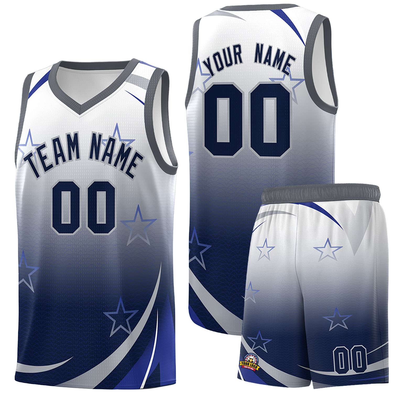 Custom White Navy Gradient Star Graffiti Pattern Sports Uniform Basketball Jersey