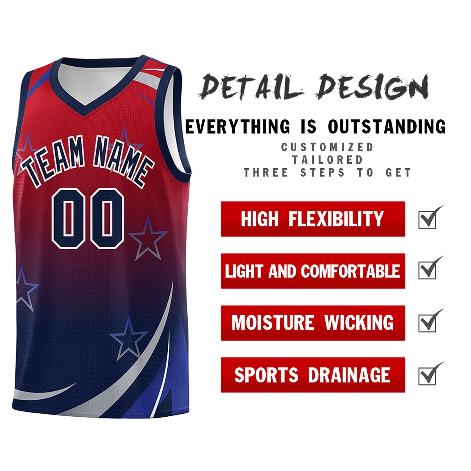 Custom Red Navy Gradient Star Graffiti Pattern Sports Uniform Basketball Jersey