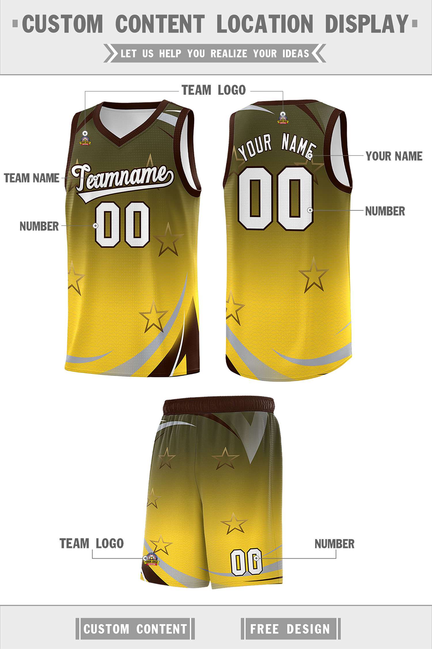 Custom Olive Gold Gradient Star Graffiti Pattern Sports Uniform Basketball Jersey