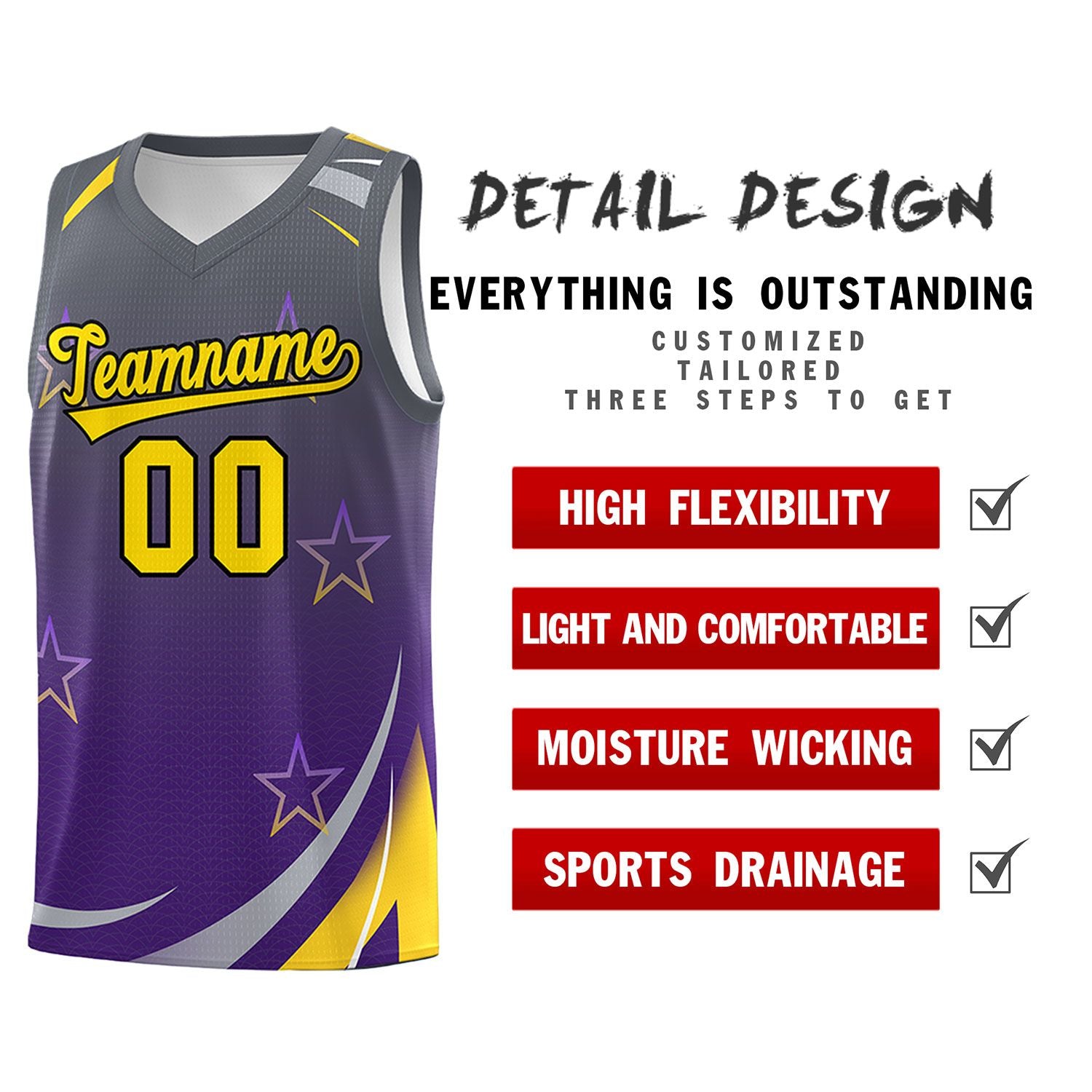 Custom Gray Purple Gradient Star Graffiti Pattern Sports Uniform Basketball Jersey