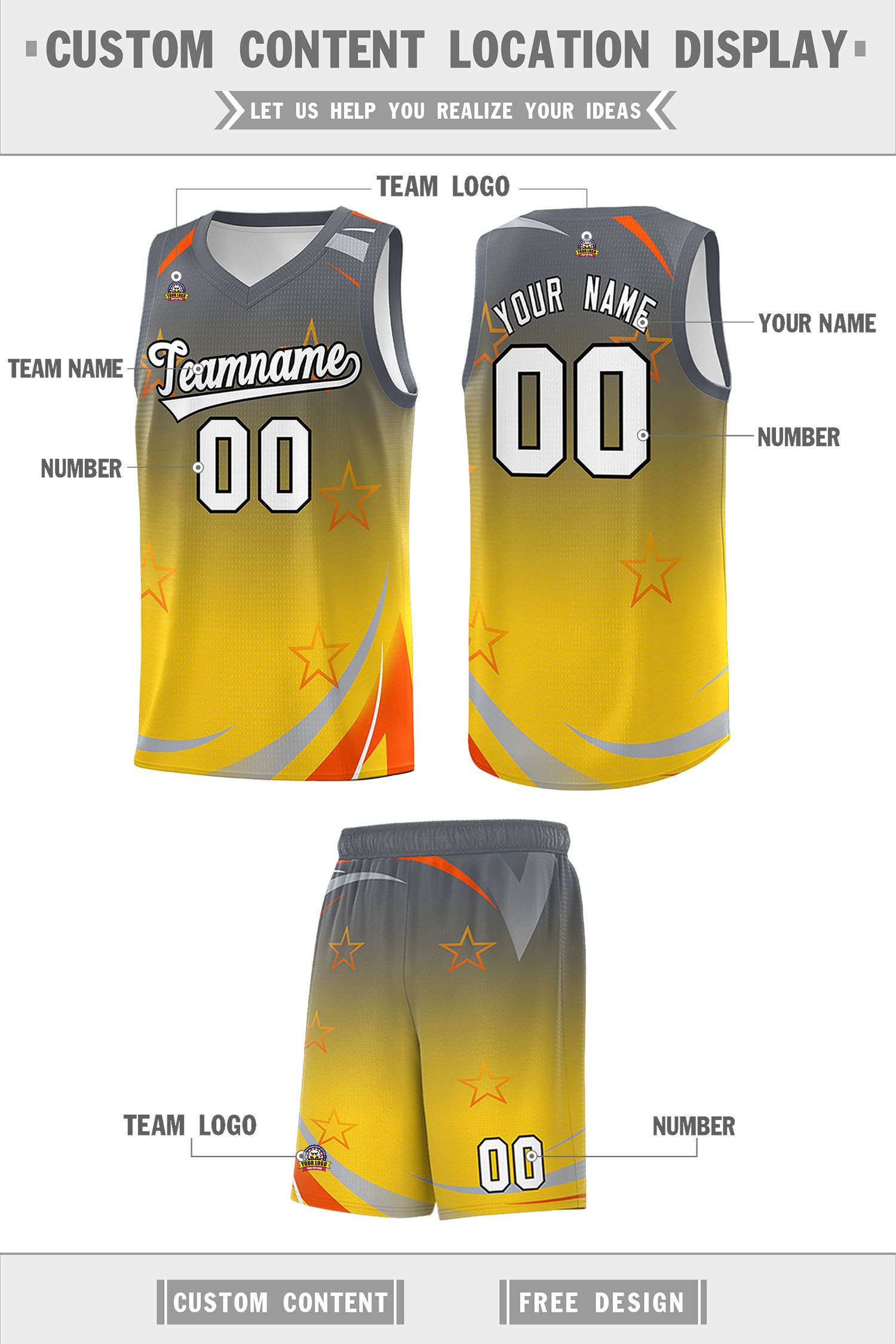 Custom Gray Gold Gradient Star Graffiti Pattern Sports Uniform Basketball Jersey