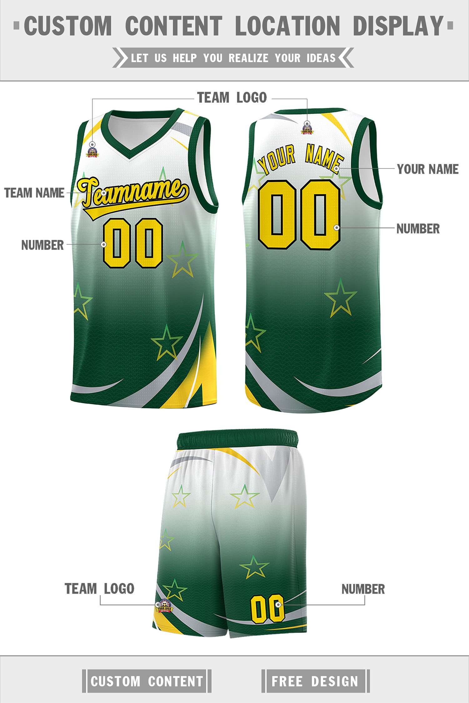 Custom White Green Gradient Star Graffiti Pattern Sports Uniform Basketball Jersey