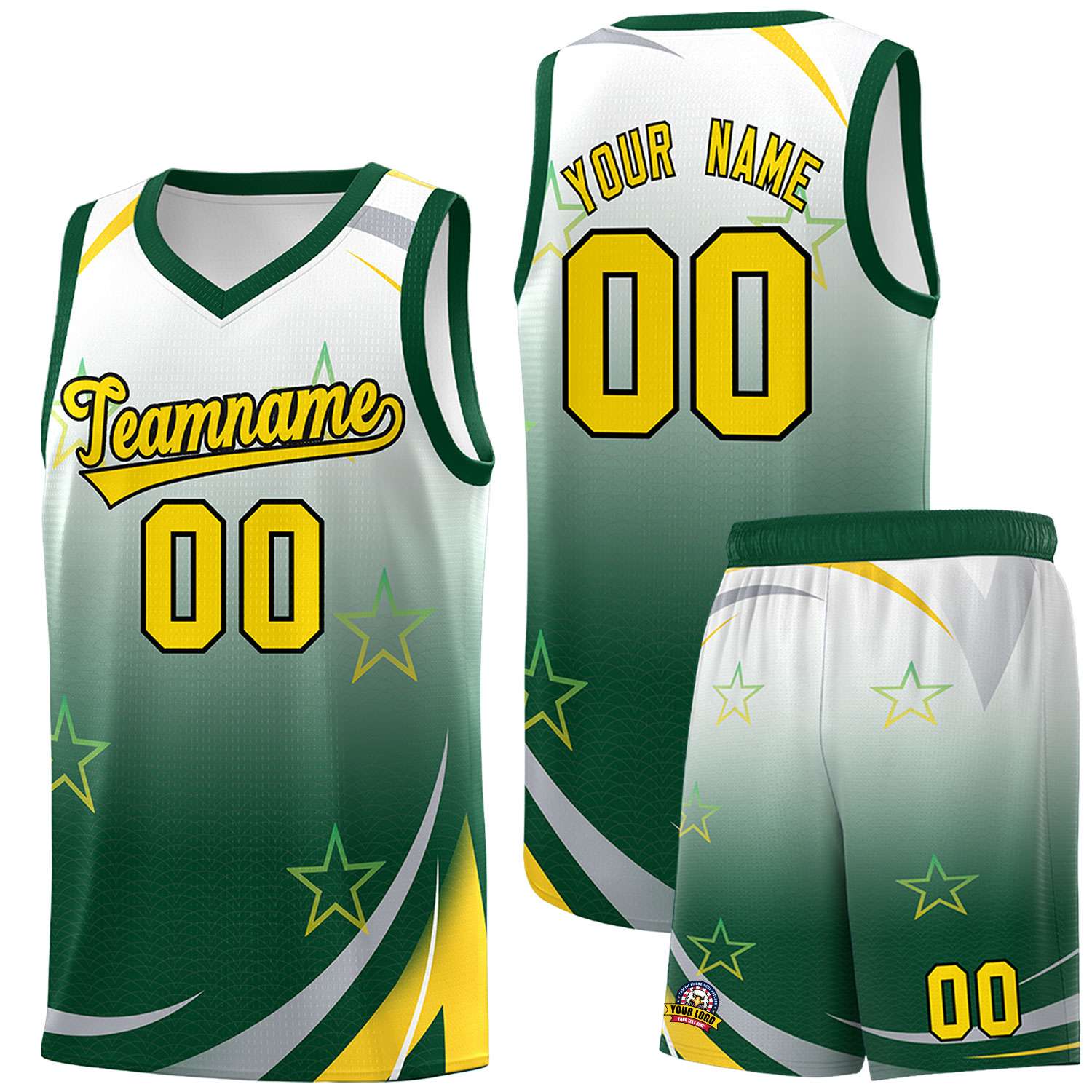 Custom White Green Gradient Star Graffiti Pattern Sports Uniform Basketball Jersey