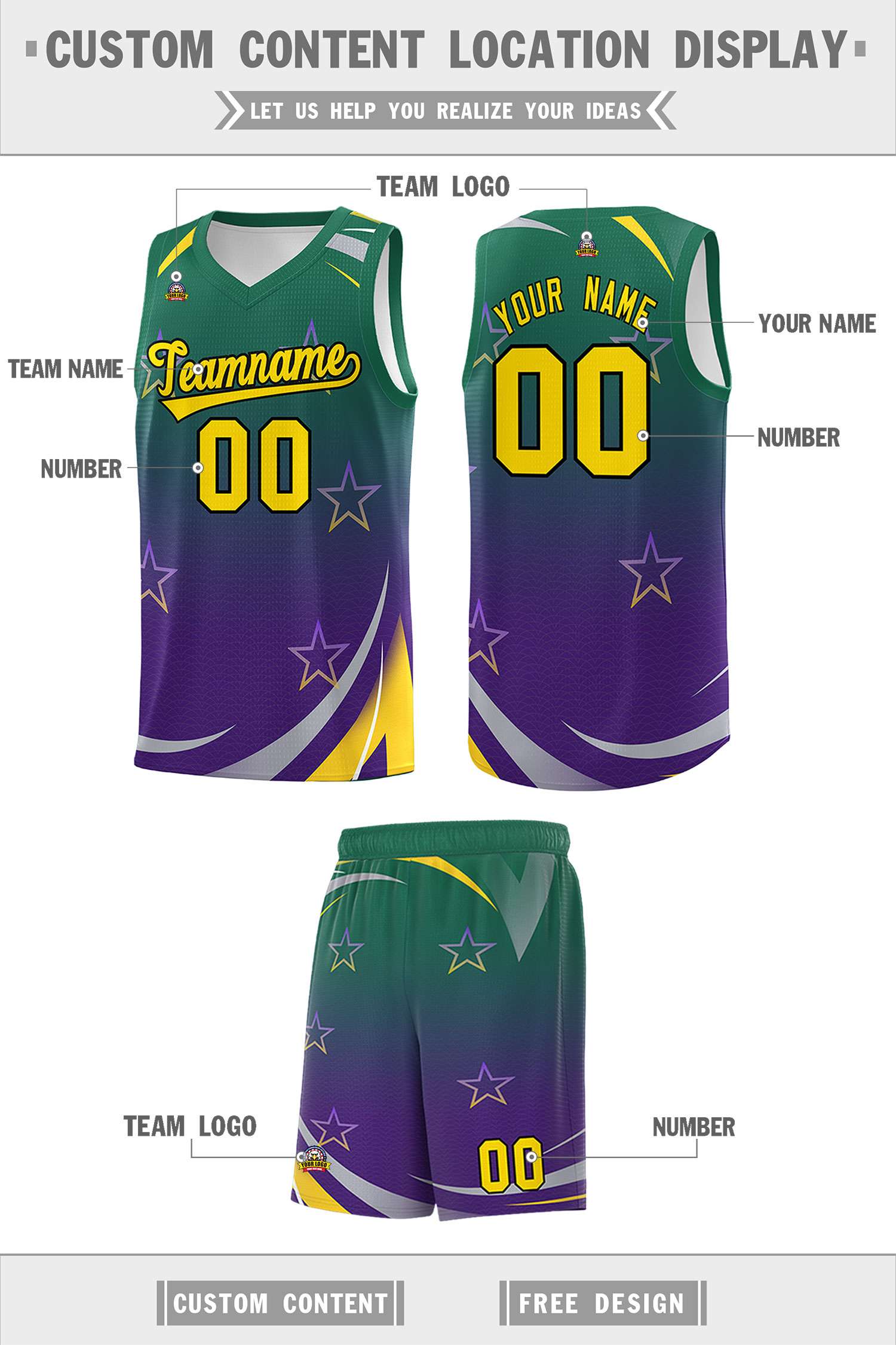 Custom Kelly Green Purple Gradient Star Graffiti Pattern Sports Uniform Basketball Jersey