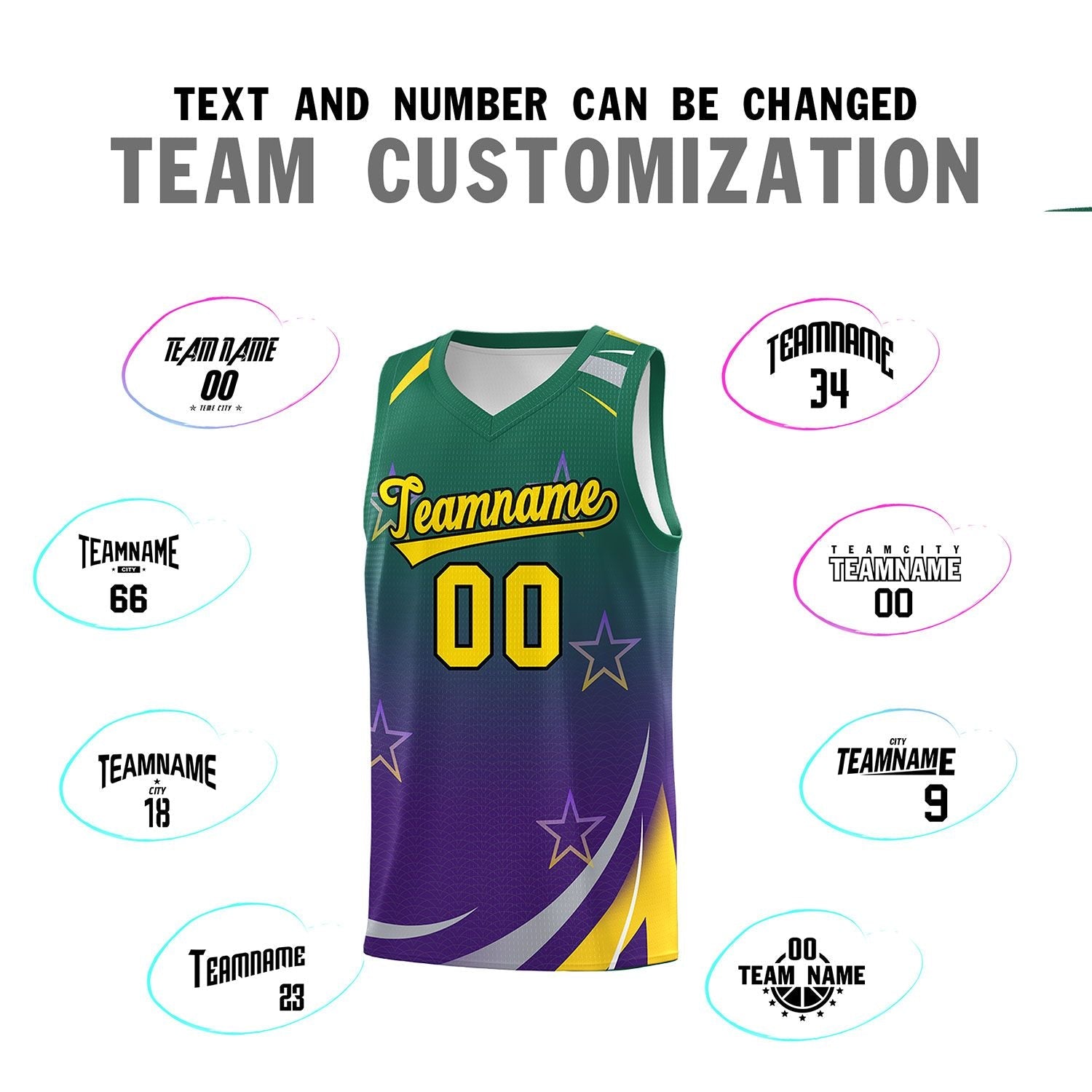 Custom Kelly Green Purple Gradient Star Graffiti Pattern Sports Uniform Basketball Jersey