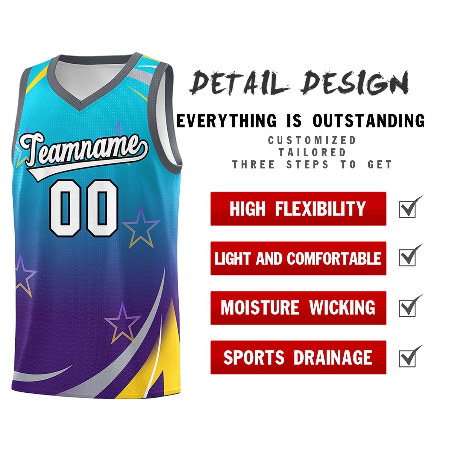 Custom Powder Blue Purple Gradient Star Graffiti Pattern Sports Uniform Basketball Jersey