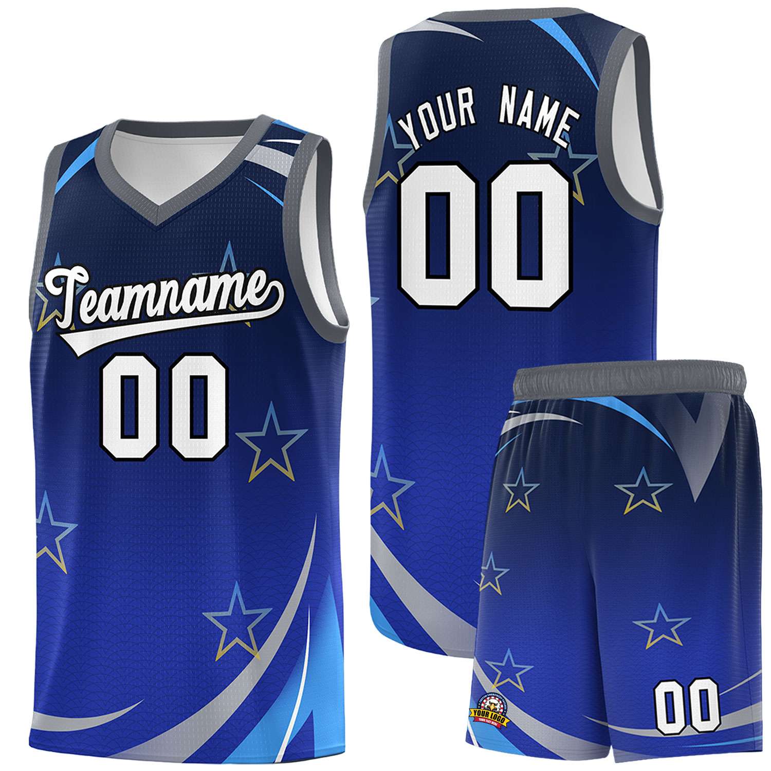 Custom Navy Royal Gradient Star Graffiti Pattern Sports Uniform Basketball Jersey