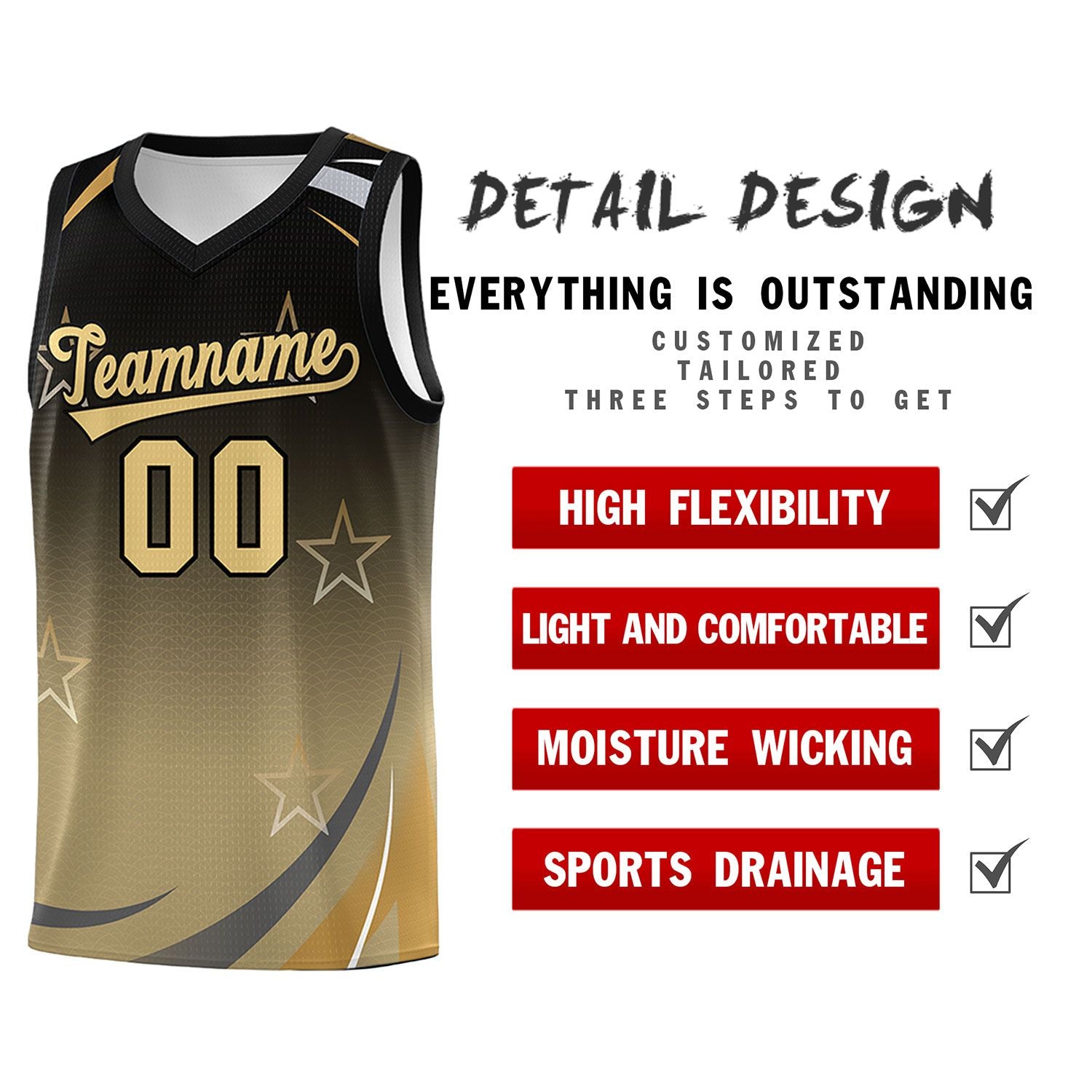 Custom Black Khaki Gradient Star Graffiti Pattern Sports Uniform Basketball Jersey