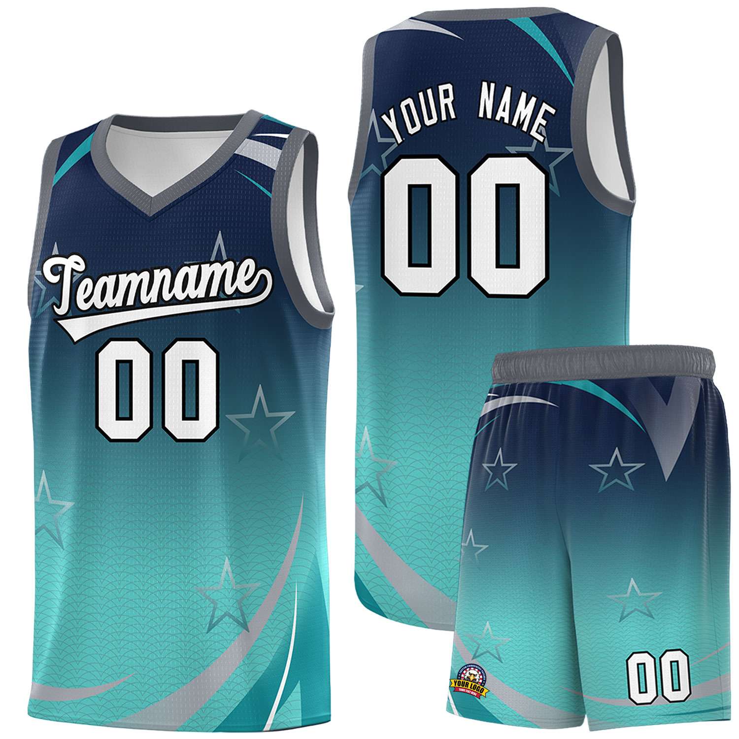 Custom Navy Aqua Gradient Star Graffiti Pattern Sports Uniform Basketball Jersey