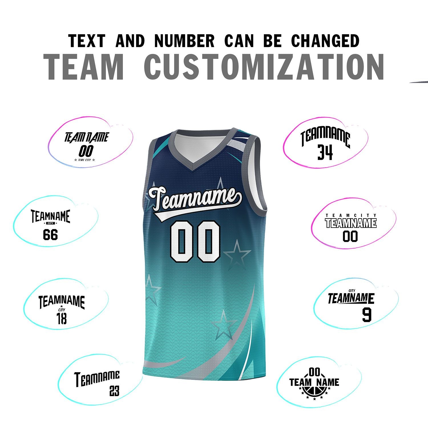 Custom Navy Aqua Gradient Star Graffiti Pattern Sports Uniform Basketball Jersey