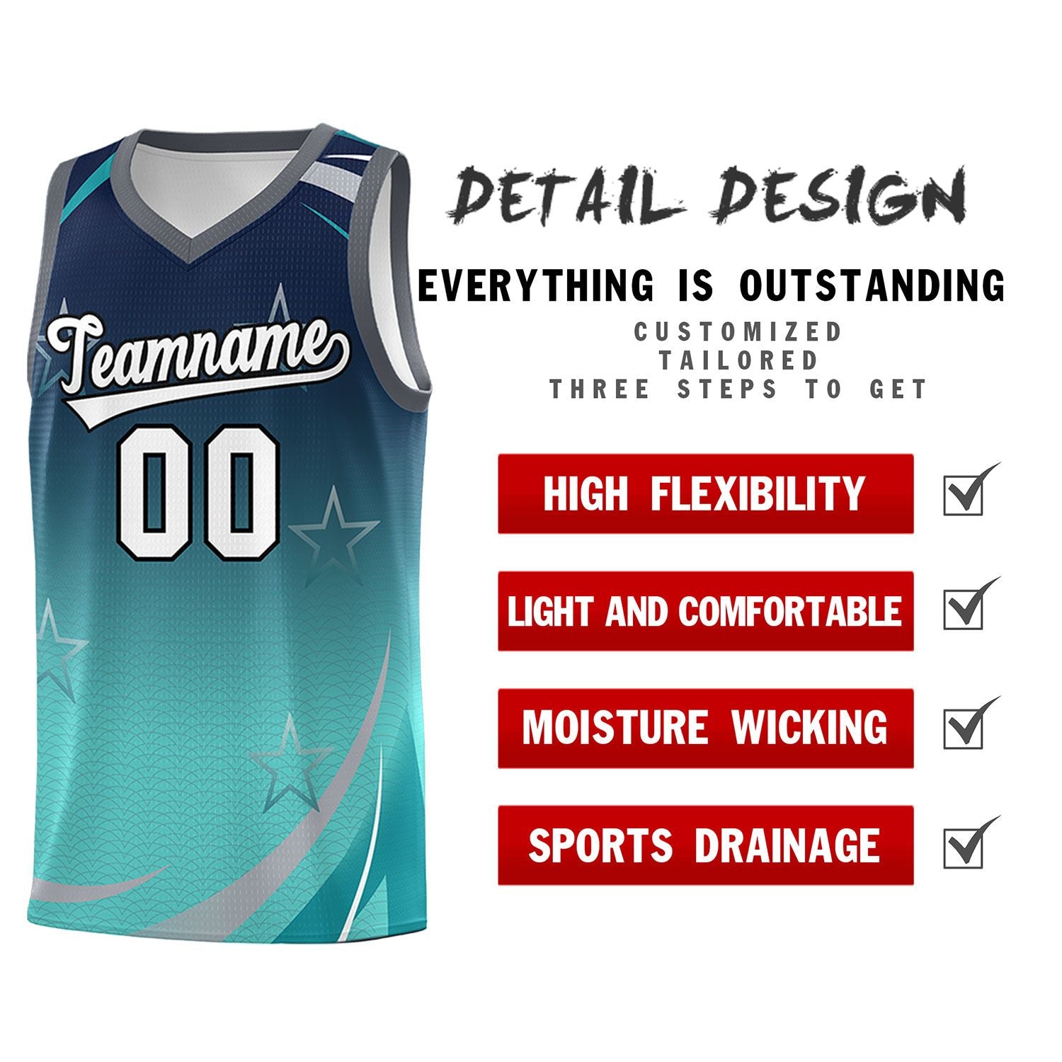 Custom Navy Aqua Gradient Star Graffiti Pattern Sports Uniform Basketball Jersey