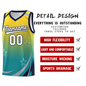 Custom Gold Aqua Gradient Star Graffiti Pattern Sports Uniform Basketball Jersey