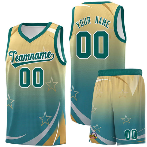 Custom Khaki Aqua Gradient Star Graffiti Pattern Sports Uniform Basketball Jersey