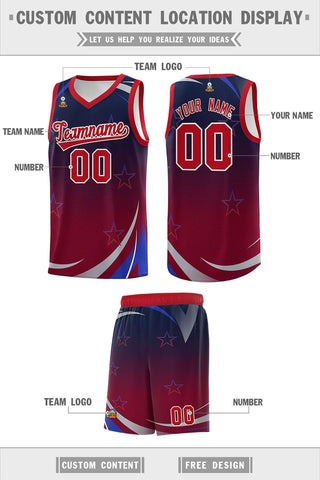 Custom Navy Crimson Gradient Star Graffiti Pattern Sports Uniform Basketball Jersey