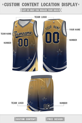 Custom Old Gold Navy Gradient Star Graffiti Pattern Sports Uniform Basketball Jersey