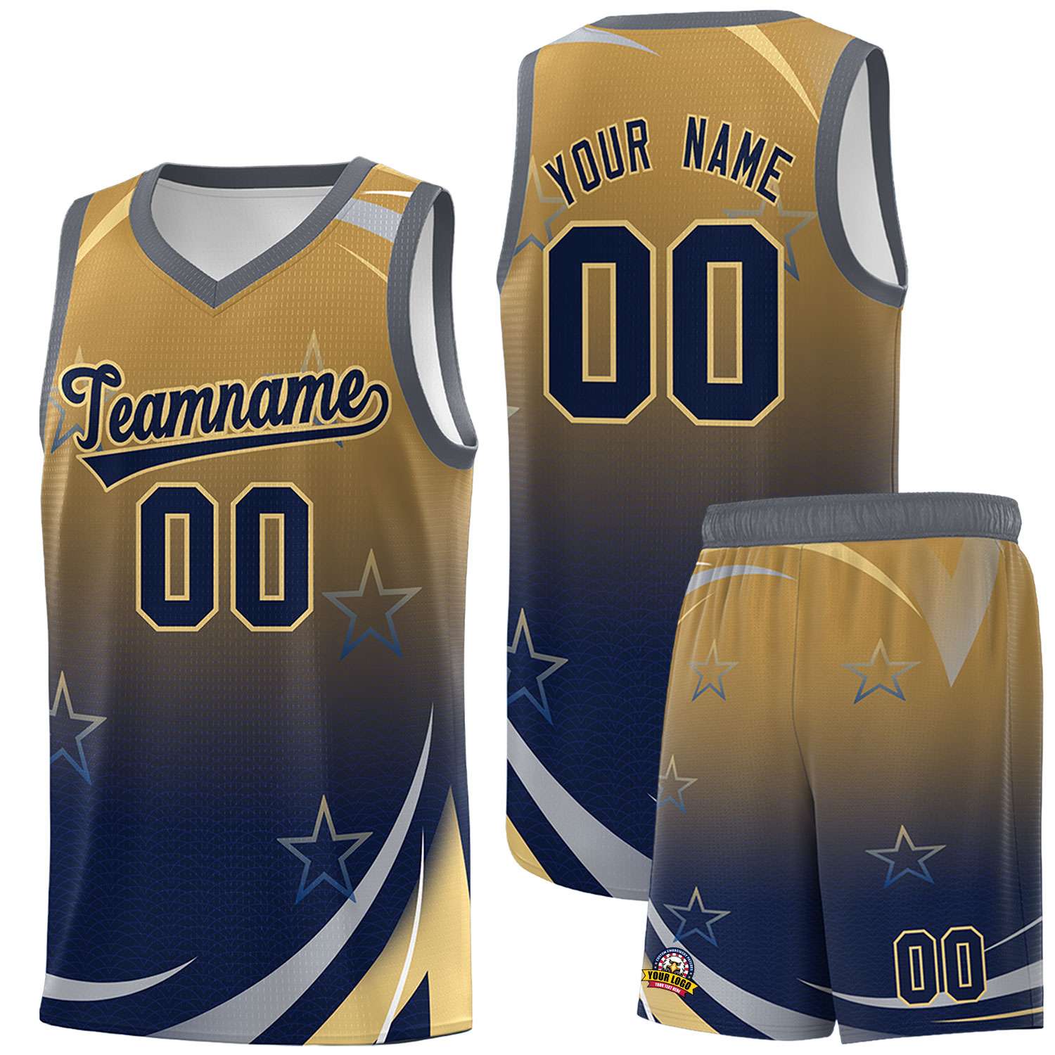 Custom Old Gold Navy Gradient Star Graffiti Pattern Sports Uniform Basketball Jersey