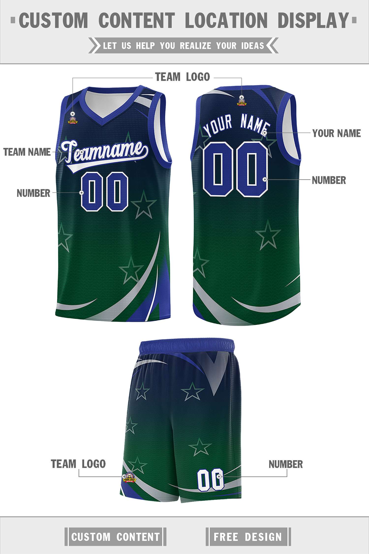 Custom Navy Green Gradient Star Graffiti Pattern Sports Uniform Basketball Jersey