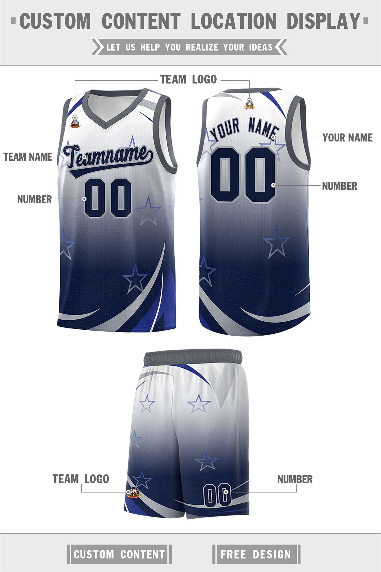 Custom White Navy Gradient Star Graffiti Pattern Sports Uniform Basketball Jersey