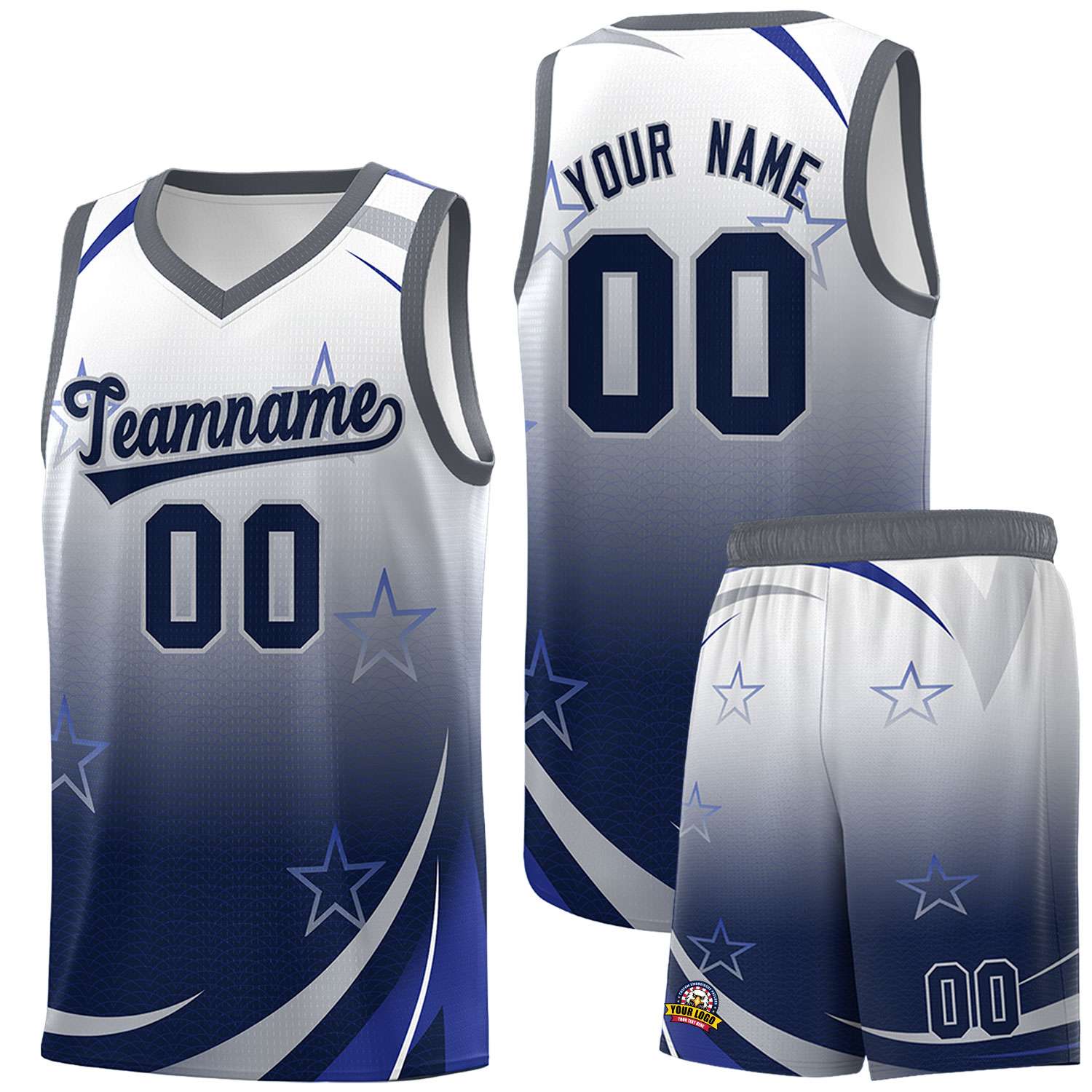 Custom White Navy Gradient Star Graffiti Pattern Sports Uniform Basketball Jersey