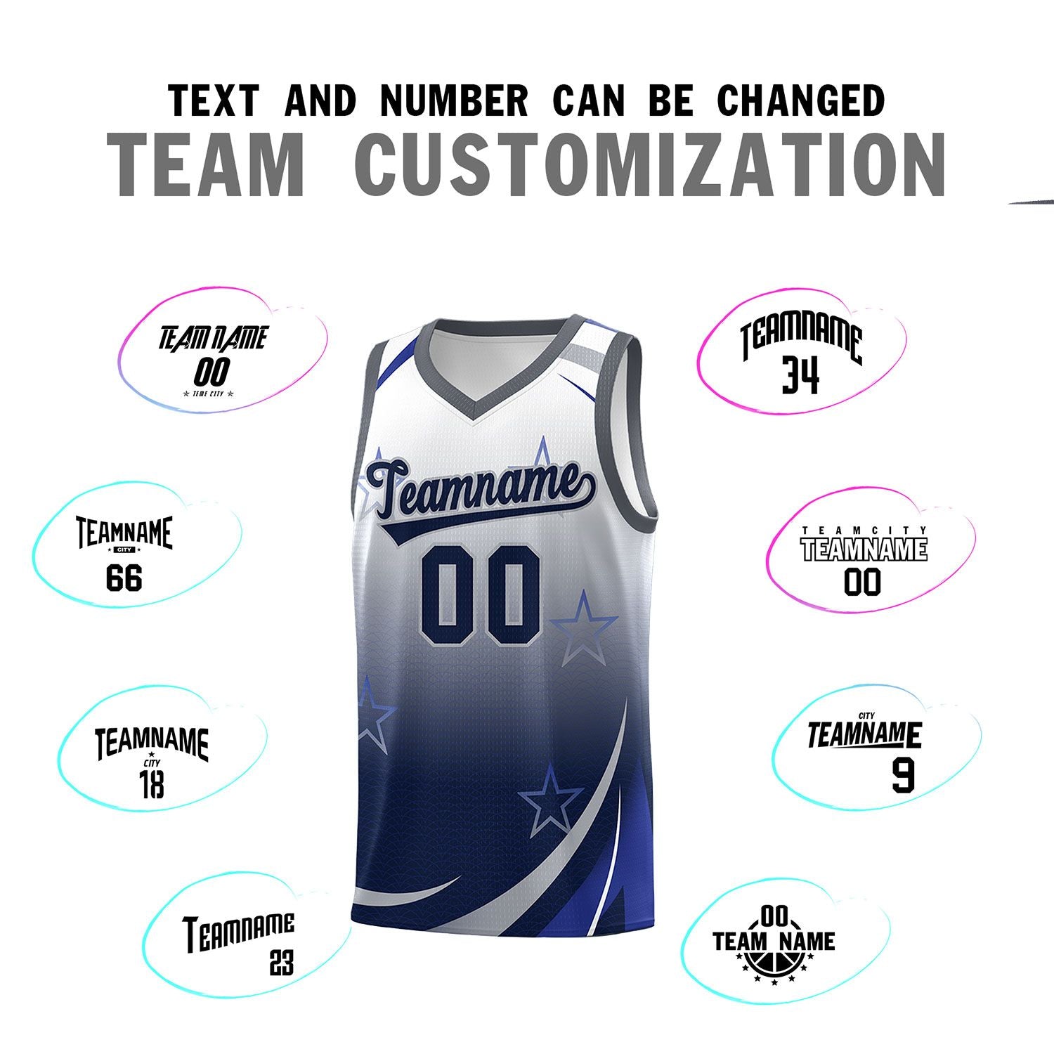 Custom White Navy Gradient Star Graffiti Pattern Sports Uniform Basketball Jersey