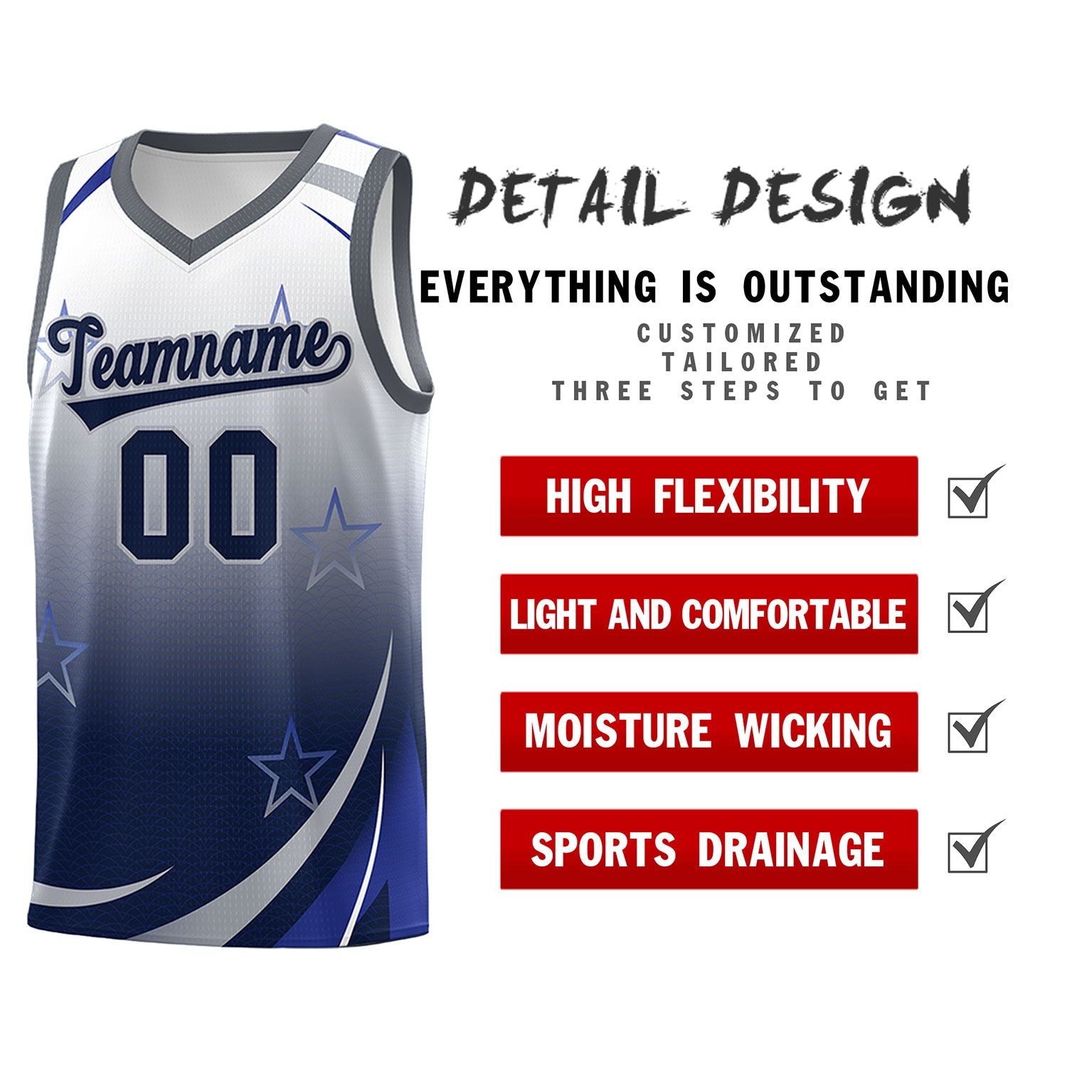 Custom White Navy Gradient Star Graffiti Pattern Sports Uniform Basketball Jersey